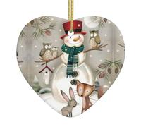 Hibou debout sur un bonhomme de neige imprimé arbre de Noël en céramique décoration à suspendre - Décoration d'arbre de Noël en forme de cœur pour vacances, maison, fête