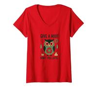 Hibou écologique « Give a Hoot Don't Pollute » T-Shirt avec Col en V, Femme, Rouge, S