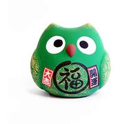 Hibou Fukuro Vert en Argile, Statuette Porte-Bonheur Japonais, Tirelire, Feng Shui - Fabriqué au Japon (Hauteur 9cm)(7D-8286)