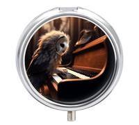 Hibou Joue Piano Pilulier 3 Compartiments Organisateur de Pilulier de Voyage 3 fois par Jour Joli Mini Pilulier pour Sac à Main et Poche Boîte à Médicaments Portable en Métal avec Miroir Rond