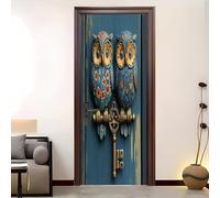 Hibou Peint Vintage Sticker Porte Décoration PVC étanche Autocollant, Auto-adhésif Autocollant Porte Affiche Grain de Bois Bleu pour Cuisine Chambre Salle de Bain Papier Peint 90x200 cm