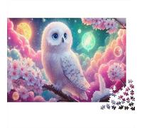 Hibous Arc-en-Ciel Papier Premium Hibou Blanc dans des Fleurs Roses la Nuit Puzzle à Monter soi-même Décoratif Anti-Stress 38x26cm/1000 pièces