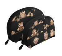 Hiboux Mignons de Dessin animé Marron, Trousse de Maquillage Coquille Femme Petit Porte-Monnaie Trousse de Toilette Trousse à cosmétiques 2 pièces