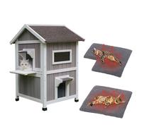 HiCaptain Niche pour chat d'extérieur résistante aux intempéries - Maison sauvage à 2 étages avec balcon et porte d'évacuation - Abri en bois pour petits animaux - Gris