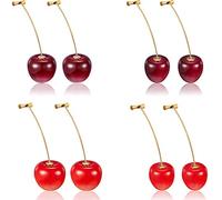 Hicarer 4 Paires Boucles d'Oreilles de Cerises Boucles d'Oreilles Pendante de Cerise 2 Tailles Boucles d'Oreilles Fruits Cerises 3D avec 10 Pièces Lignes d'Oreille pour Femmes