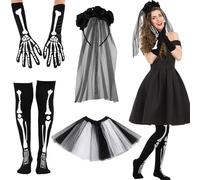 Hicarer 4 Pcs Set de Costume d'Halloween pour Femme Inclure Gants de Squelette Longs Bas de Squelette d'Halloween Bandeau de Voile Noir de Mariée avec Fleurs Noires Jupe Tutu d'Halloween
