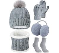 Hicarer 5 Set de Bonnet Écharpe Gants Cache-Oreilles Bas (Gris Foncé), M