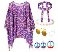Hicarer 6 Pièces Accessoires de Déguisement Hippie pour Femme Inclure Poncho Bandeau Boucles d'Oreilles Collier Signe de Paix Guirlande Lunettes Rétro Costume Hippie des Années 70 (Fleur Romantique)