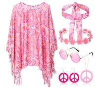 Hicarer 6 Pièces Accessoires de Déguisement Hippie pour Femme Inclure Poncho Bandeau Boucles d'Oreilles Collier Signe de Paix Guirlande Lunettes Rétro Costume Hippie des Années 70 (Fleur Mignonne)