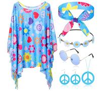 Hicarer 6 Pièces Accessoires de Déguisement Hippie pour Femme Inclure Poncho Bandeau Boucles d'Oreilles Collier Signe de Paix Guirlande Lunettes Rétro Hippie Années 70 (Bleu, Fleur Fraîche)