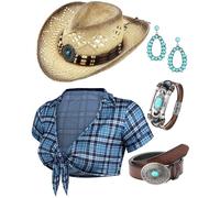 Hicarer Costume de cowgirl 5 pièces pour femme - Jeu de rôle : t-shirt, chapeau de cowboy, boucle, ceinture, pendentifs et boucles d'oreilles pour Halloween (carreaux, taille M)