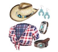 Hicarer Costume de cowgirl 5 pièces pour femme - Jeu de rôle : t-shirt, chapeau de cowboy, boucle, ceinture, pendentifs et boucles d'oreilles pour Halloween (fantaisie, taille M)