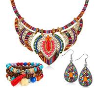 Hicarer Ensemble de Bijoux Boho Collier Ras du Cou Tribal de Style Ethnique Bracelet de Perle Multicouche Boho Extensibles Boucles d'Oreilles Pendantes Vintage pour Femmes Fille Cadeau