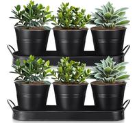 Hicarer Lot de 2 Pots de Fleurs à Herbes aromatiques avec Plateau en métal avec Drainage, pour Plantes d'intérieur, Plantes succulentes, extérieur, Cuisine, Appartement, Balcon, fenêtre (Noir)