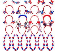 Hicarer Lot de 24 accessoires de fête patriotique comprenant un bandeau pour le 4 juillet, un jour de l'indépendance, une fleur Lei rouge, blanc, bleu, une étoile rouge, un drapeau des États-Unis, pour la fête du travail, la fête des anciens combattants