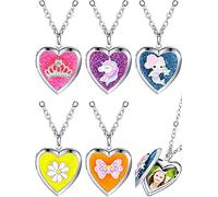 Hicarer Lot de 5 colliers avec médaillon en forme de cœur pour filles, enfants, licorne, sirène, arc-en-ciel, chaîne secrète, cadeau de Noël, cadeau d'anniversaire, Métal, Alliage.