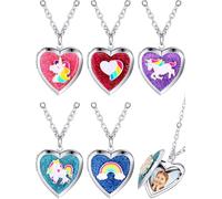 Hicarer Lot de 5 colliers avec médaillon en forme de cœur pour filles, enfants, licorne, sirène, arc-en-ciel, chaîne secrète, cadeau de Noël, cadeau d'anniversaire, Métal, Alliage.