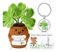 Hicarer Set de Cadeau Trèfle Poupée Tricotée Trèfle à Quatre Feuilles Porte Clés Encourageant Ange Gardien Porte Bonheur avec Carte Cadeau d'Adieu pour Collègue Retraite Nouvel Emploi Examen