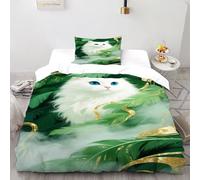 HICENST Chat Blanc Vert_1 Housse De Couette 2 Pièces Parure De Couette Wildlife Animal Theme Couvre-Lit Microfibre pour Adulte Et Enfant avec Taies d'oreiller Single(135x200cm)