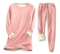 HICItro Ensemble de pyjama chaud pour femme avec doublure en polaire, manches longues, col rond, pull épais, taille haute, vêtement de détente, 01_rose, L