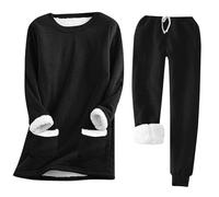 HICItro Ensemble de pyjama chaud pour femme avec doublure en polaire, manches longues, col rond, pull épais, taille haute, vêtement de détente, 02_Noir, Large