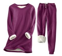 HICItro Ensemble de pyjama chaud pour femme avec doublure en polaire, manches longues, col rond, pull épais, taille haute, vêtement de détente, 03_vin, L