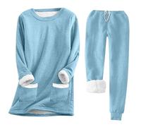 HICItro Ensemble de pyjama chaud pour femme avec doublure en polaire, manches longues, col rond, pull épais, taille haute, vêtement de détente, 02_Bleu ciel, Small