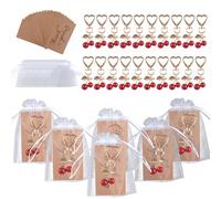 HICOHAND Lot de 20 porte-clés en forme de cerise en acier avec étiquettes de remerciement, sac en organza, cadeau souvenir pour fête d'anniversaire, mariage, fête prénatale
