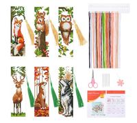 HICOHAND Lot de 6 marque-pages au point de croix, motif animaux de la forêt estampillés avec instructions (français non garanti), pompon, cadeau pour adultes, débutants, amateurs de livres