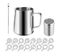 hicoosee 350ml (12oz) Pichet à Lait en Acier Inoxydable 304 avec Repère de Mesure - Latte Art Pen - Saupoudreur de Cacao - 16 Pochoirs, Milk Jug Pichet à Mousse pour Faire du Café Cappuccino