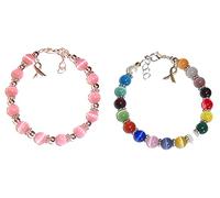 Hidden Hollow Beads Bracelet de sensibilisation au cancer du sein rose ou multicolore, solide, 19 cm de long avec rallonge, s'adapte à la plupart des poignets, Fits Most Wrists, Verre, Œil de chat