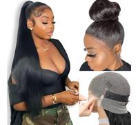 Hidden Straps Perruque Cheveux Humain 360 Full Lace Front Human Hair Wig With Drawstring，Invisible Strap 200% Densité Straight Perruque Femme Naturelle Black Pre Plucked With Baby Hair 26 pouces（66cm)