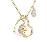 Hidepoo Cadeau d'anniversaire licorne pour filles - Collier licorne plaqué or 14 carats pour fille de 3 à 16 ans - Collier licorne coloré en forme de cœur pour filles, Métal, Zircone cubique