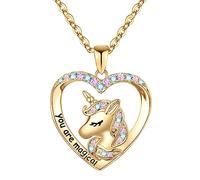 Hidepoo Collier licorne pour filles - Plaqué or blanc 14 carats avec pendentif en forme de cœur en oxyde de zirconium - Cadeau d'anniversaire pour filles et adolescentes, Zircone cubique