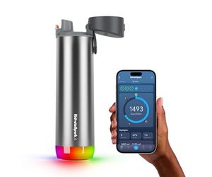 Hidrate HidrateSpark Bouteille d'eau intelligente en acier inoxydable brossé avec suivi de la consommation d'eau et brille pour vous rappeler de rester hydraté. Grande ouverture pour boire, 0,6 litre