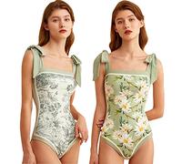 HIDRUO Women Floral One Piece Swimsuits, Square Neck Reversible Tie Shoulder Monokini, Tummy Control Bathing Suits (Green, XL)