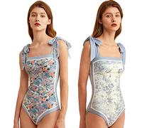 HIDRUO Women Floral One Piece Swimsuits, Square Neck Reversible Tie Shoulder Monokini, Tummy Control Bathing Suits (Blue, L)