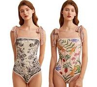 HIDRUO Women Floral One Piece Swimsuits, Square Neck Reversible Tie Shoulder Monokini, Tummy Control Bathing Suits (Pink, L)