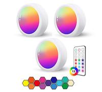 HiDure Spot RGB Led a Pile Sans Fil Autocollant, 3 Pièces Dimmable Lampe Placard avec Telecommande Eclairage Etagere Couleur Petite Lumiere Vitrine Applique Murale Cuisine Sous Meuble Fil, 3Pack