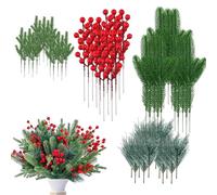 Hiemible Branches de Pin Artificiel | 60 Tiges de Pin Réalistes avec Baies Rouges | Décor de Noël Réaliste pour Jardinière Table Cuisine Porte | Cheminée Porche Extérieur Manteau de Fête
