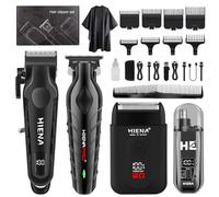 HIENA PRO Ensemble de tondeuse à cheveux professionnelle, lame réglable de type R, kit de coupe sans fil avec rasoir en aluminium, tondeuse à poils d'oreilles et nez pour homme, écran LED, utilisation