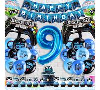 Hierein Deco Anniversaire 9 Ans, 37 Pièces Jeu Vidéo Décoration Anniversaire Ballons, XXL Gamer Decoration Anniversaire Happy Birthday Decoration avec Bannière et Decoration Gateau pour 9 Ans Garçon
