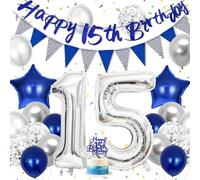Hierein Decoration Anniversaire 15 Ans, Bleu Argent Ballons Deco Anniversaire avec Happy Birthday Bannière, Fanion et Décoration Gateau, Happy Birthday Decoration Ballon pour 15 Ans Garcon