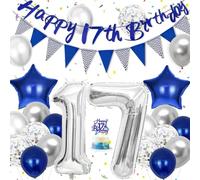 Hierein Decoration Anniversaire 17 Ans, Bleu Argent Ballons Deco Anniversaire avec Happy Birthday Bannière, Fanion et Décoration Gateau, Happy Birthday Decoration Ballon pour 17 Ans Garcon