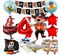 Hierein Decoration Anniversaire Pirate 4 Ans, 12 Pièces Ballon Pirate Déco Anniversaire avec Banniere Joyeux Anniversaire, XXL Kit Anniversaire Thème Fête Pirate Enfant pour 4 Ans Garcon