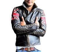 HiFacon Blouson de moto vintage en cuir avec drapeau du Royaume-Uni Union Jack pour homme Noir, Black - Veste de moto en cuir véritable avec drapeau du Royaume-Uni, XL