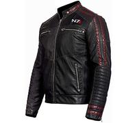 HiFacon Mass Effect 3 N7 Commander Shepard Veste de moto rétro en cuir pour homme Noir - Noir - XXX-Large