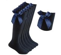 HiFEN® Lot de 3 paires de chaussettes hautes pour fille avec nœud en ruban moelleux, pour uniforme de rentrée scolaire, chaussettes longues, bleu, 2-4 ans