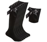 HiFEN® Lot de 3 paires de chaussettes hautes pour fille avec nœud en ruban moelleux, pour uniforme de rentrée scolaire, chaussettes longues, Noir , 7-10 ans