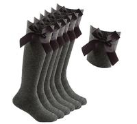 HiFEN® Lot de 3 paires de chaussettes hautes pour fille avec nœud en ruban moelleux, pour uniforme de rentrée scolaire, chaussettes longues, gris, 4-7 ans